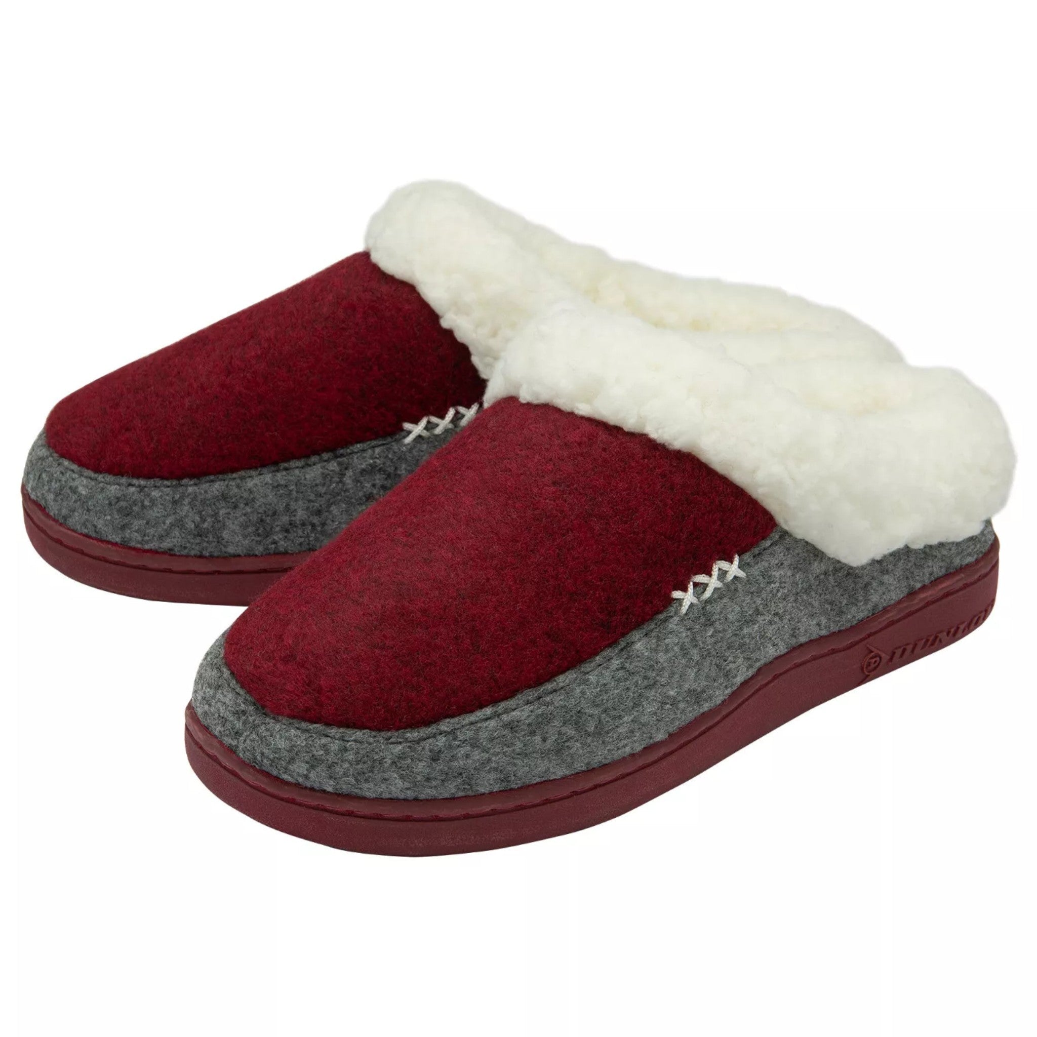womens memory foam Warm indoor Dunlop ladies slippers with soft lining and non slip sole in burgundy and grey